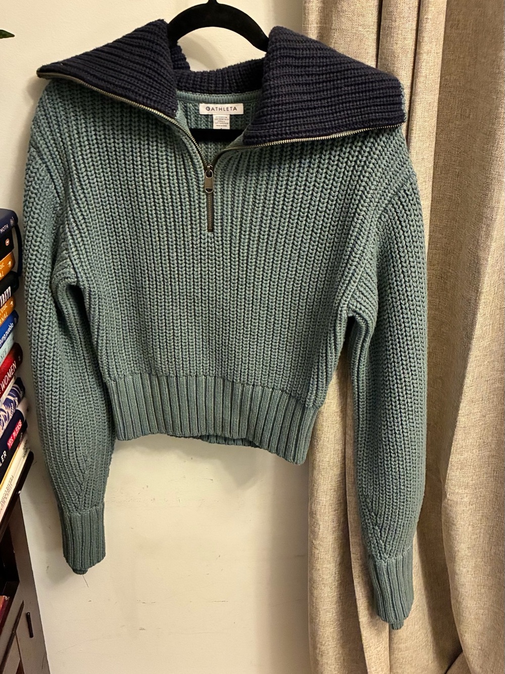 Athleta Blue-Green Half-Zip Knit Sweater with Navy Collar